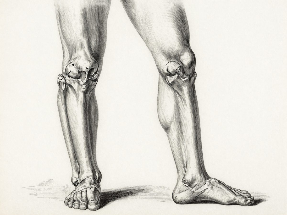 Une planche anatomique du genou. À la naissance, la rotule n'est que du cartilage souple — l'os vient plus tard.