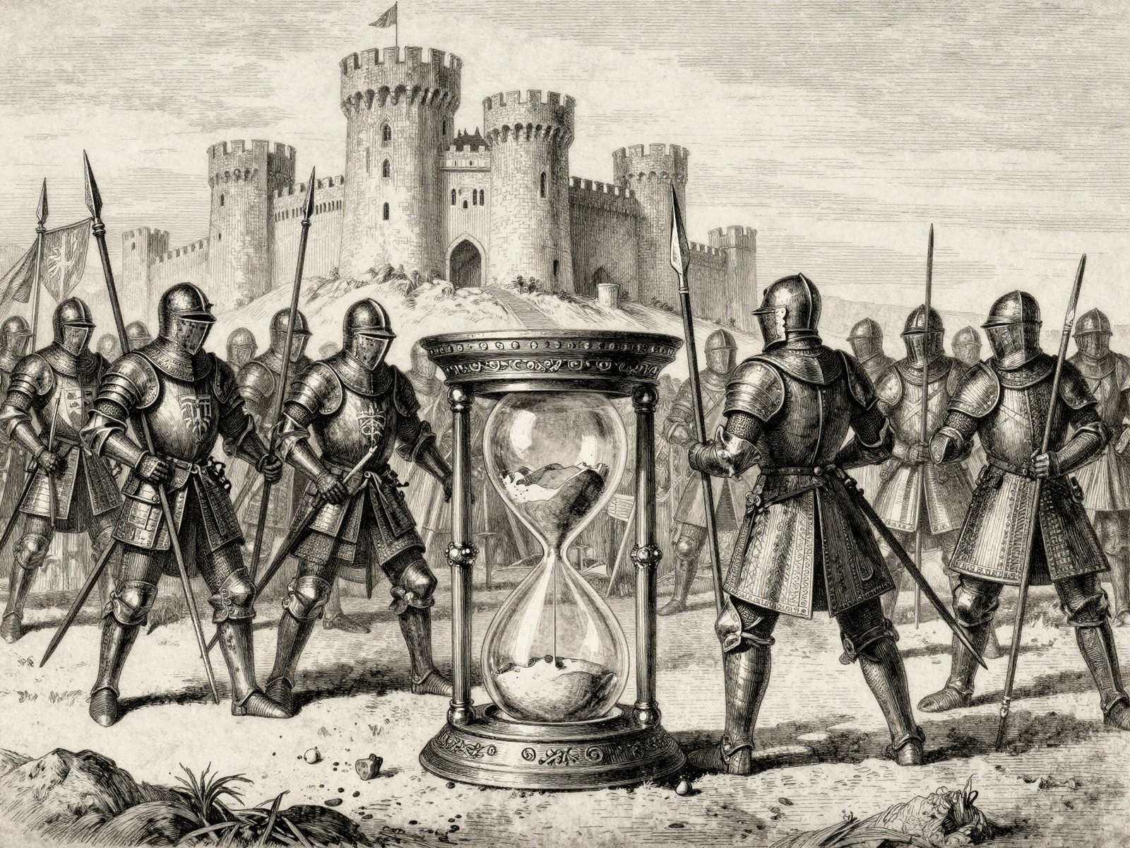 Chevaliers, chateau assiege et sablier. La guerre de Cent Ans a dure 116 ans.