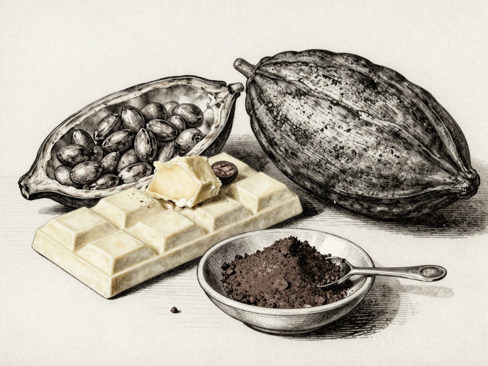 Chocolat blanc, feve et beurre de cacao. Le chocolat blanc ne contient aucune poudre de cacao.