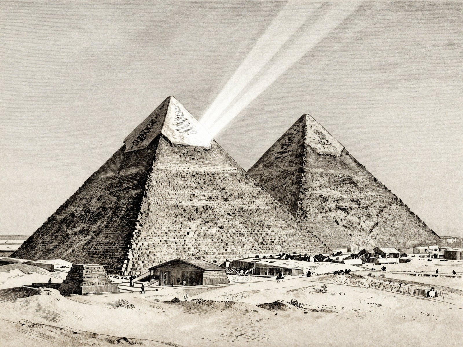 La grande pyramide habillee de calcaire poli. A l'origine, elle brillait d'un blanc eclatant au soleil.