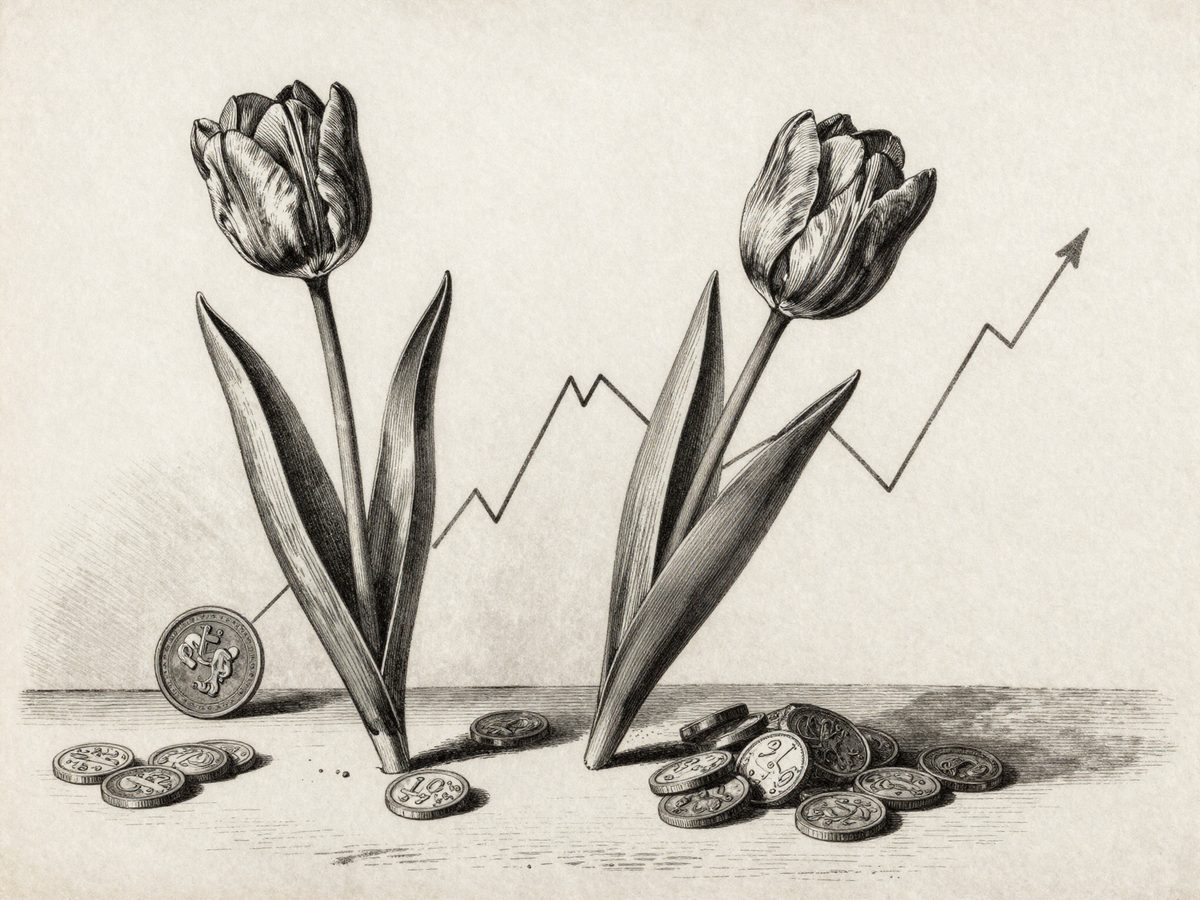 Des tulipes et des pièces sur fond de courbe affolée. La première bulle spéculative de l'histoire tenait, en 1637, dans un bulbe.