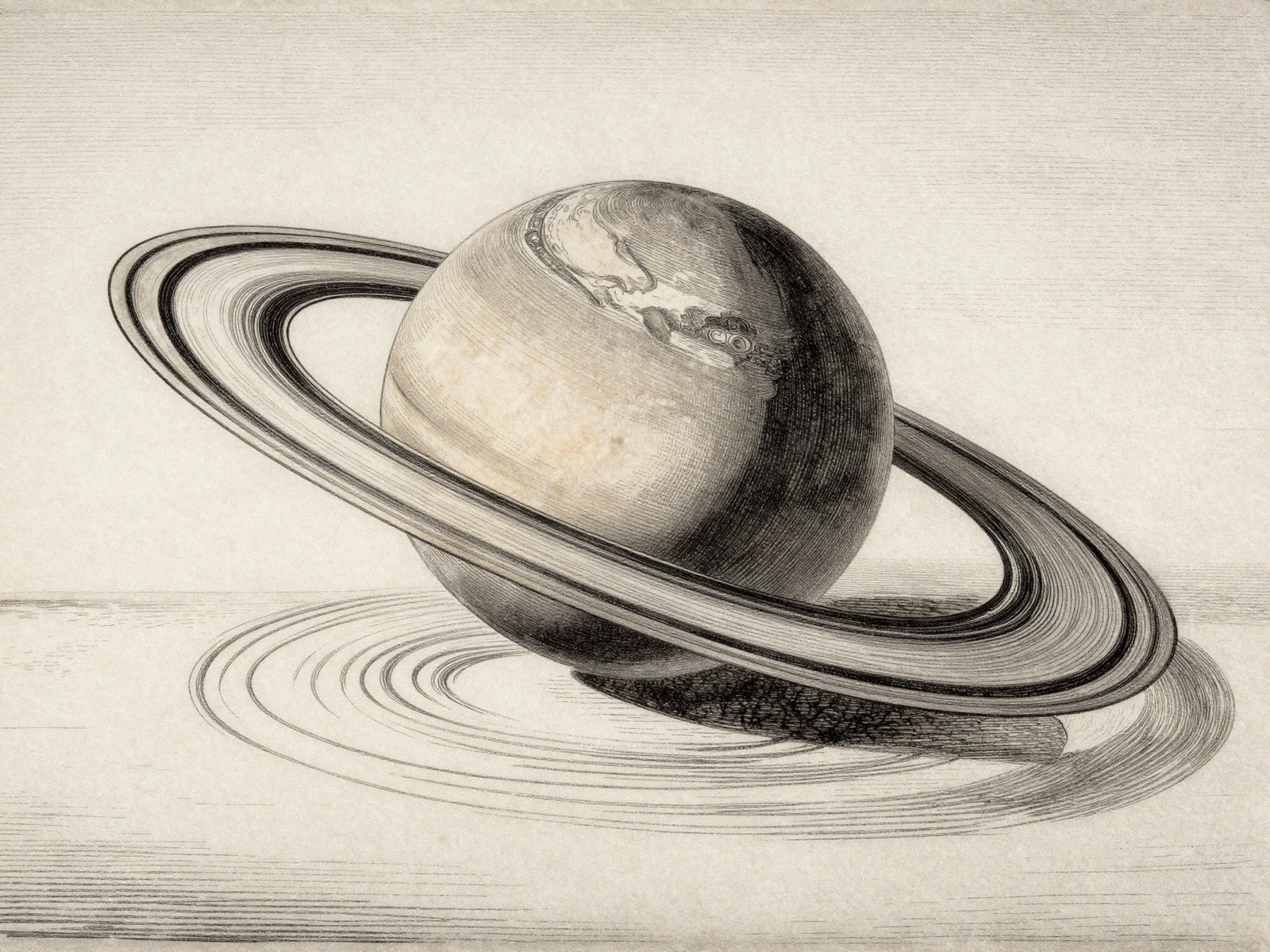Saturne posee sur une mer calme. Sa densite est si faible qu'elle flotterait dans un ocean assez grand.