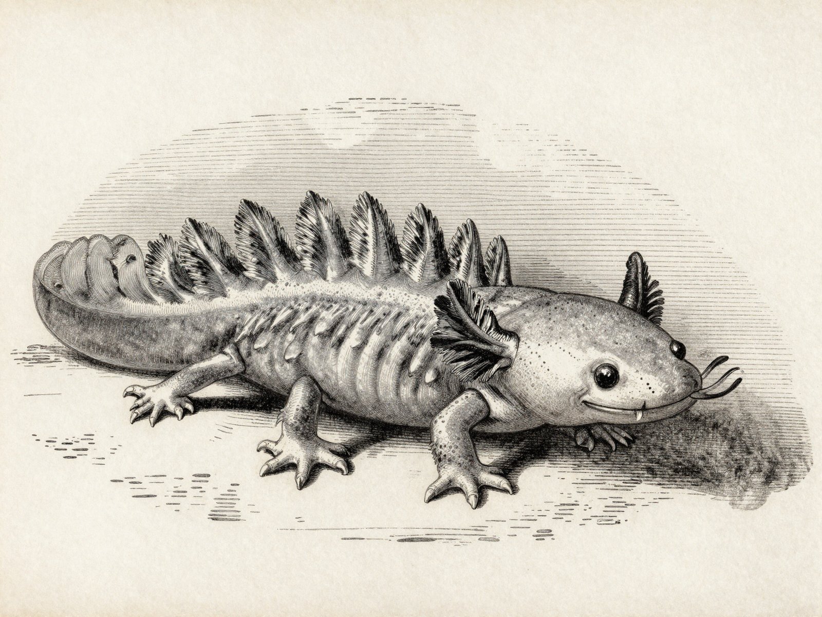Un axolotl souriant. Il fait repousser ses membres, sa moelle epiniere et une partie de son coeur.