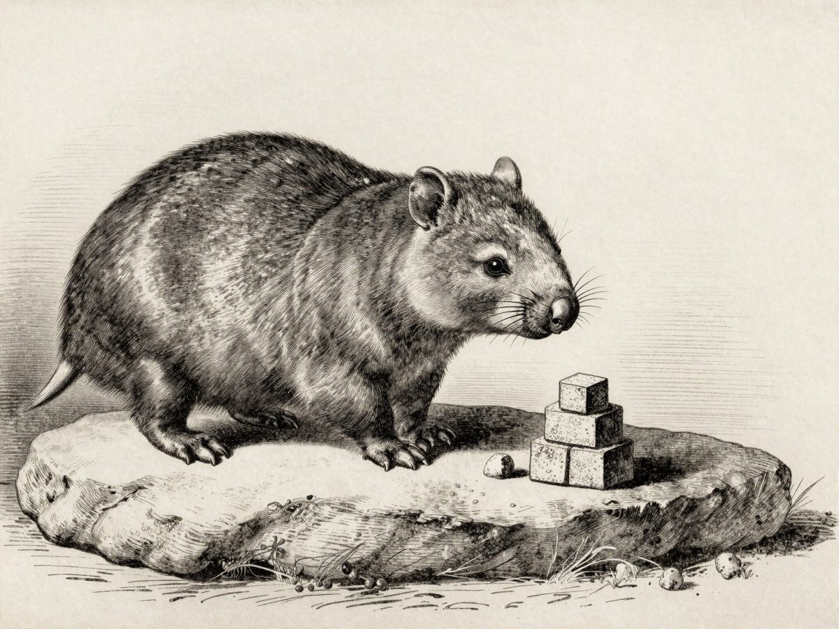 Un wombat et sa petite pile de crottes cubiques. Le seul animal au monde à les faire carrées.