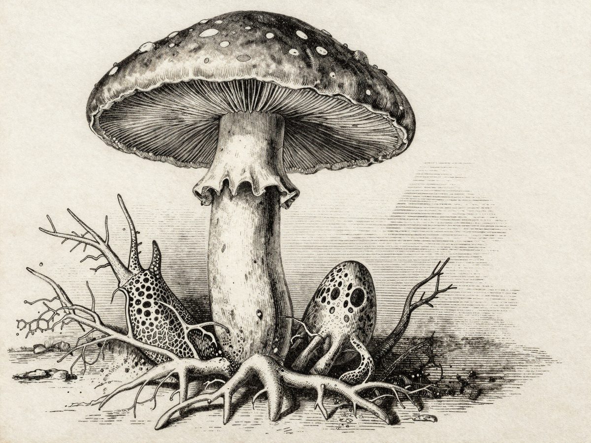 Un champignon gravé comme une planche d'herbier — alors qu'il est, génétiquement, plus proche de l'animal. Tout le trompe-l'œil de l'histoire.