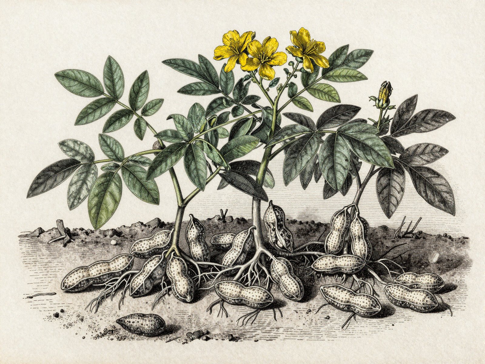 Coupe d'un plant d'arachide. La cacahuete n'est pas une noix : c'est une legumineuse qui murit sous terre.